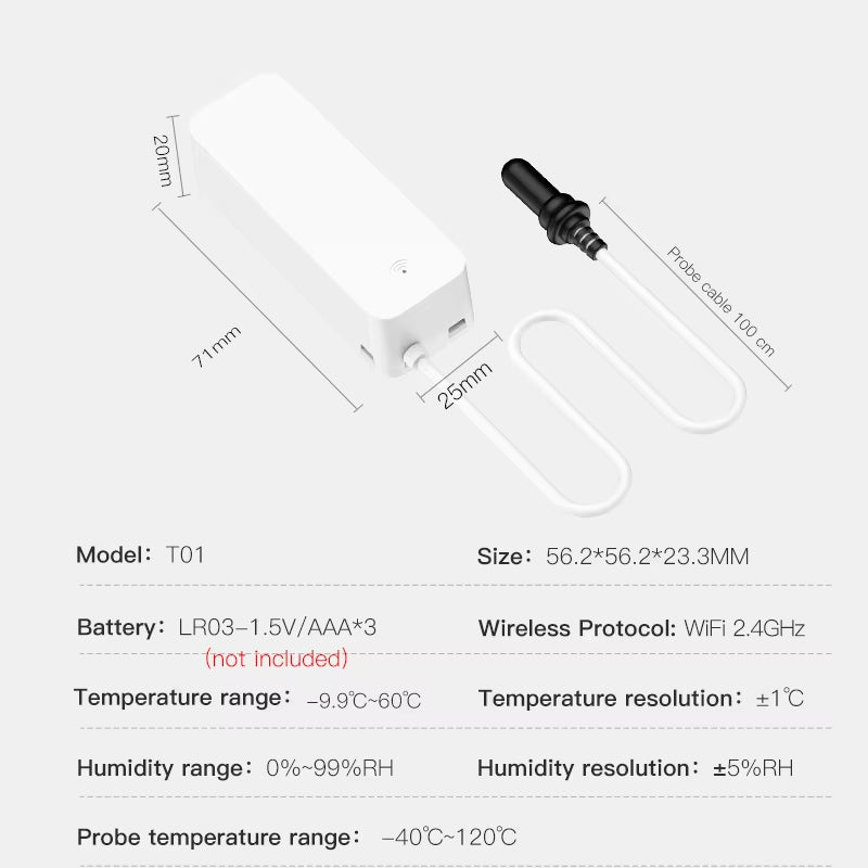 Wifi Temperature and Humidity Sensor External Probe Remote Control Smart Home Monitor Wrok with Alexa Tuya Smart Life
