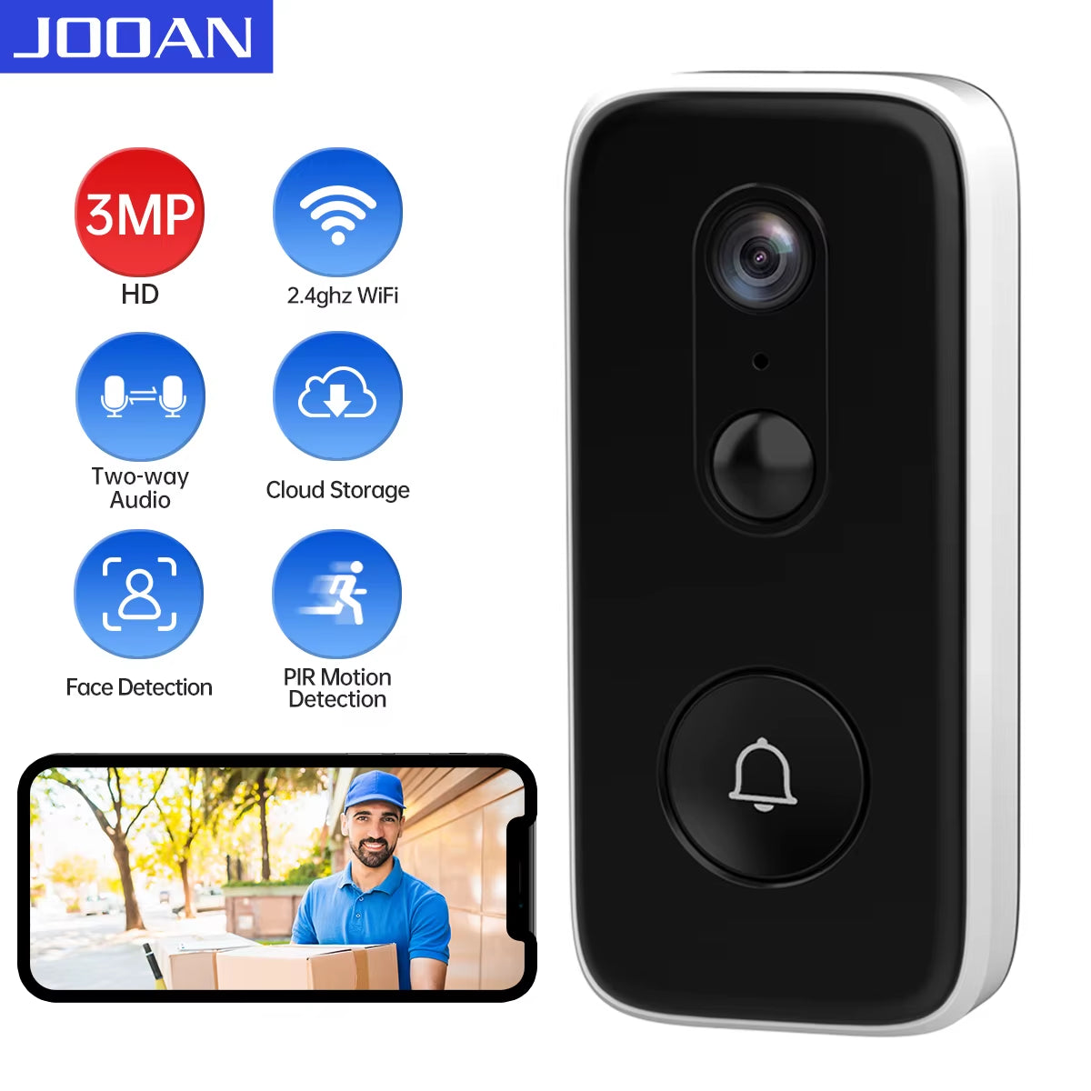 3MP 2MP Wifi Video Doorbell Camera Smart Home Security Battery PIR Motion Detector Two Way Intercom Free Cloud Storage